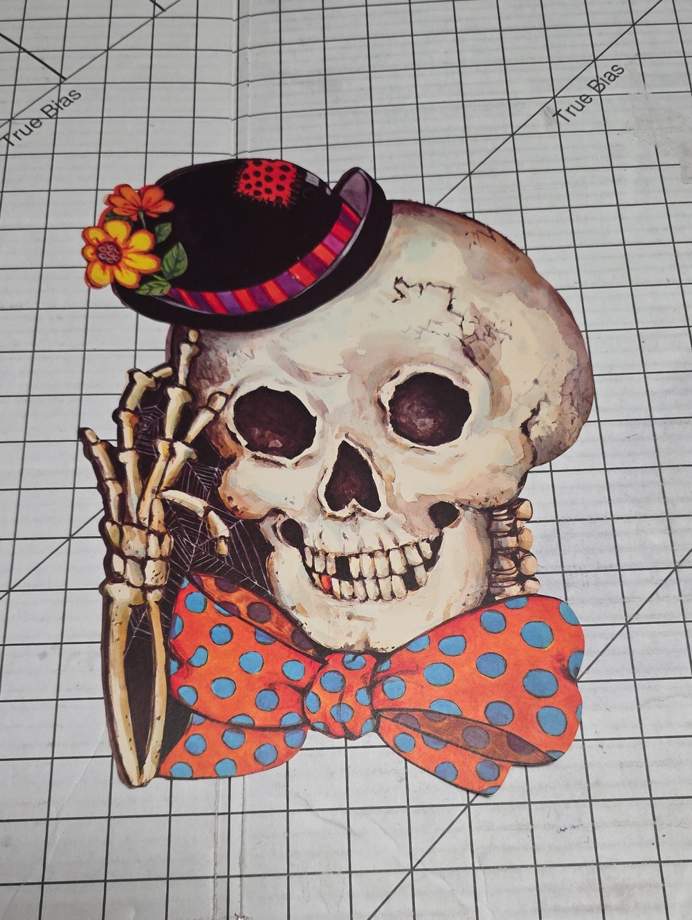 Halloween Skull with Polka Dot Bow Tie and Mini Hat, VTG, 10"W x 13.75"T  2-side